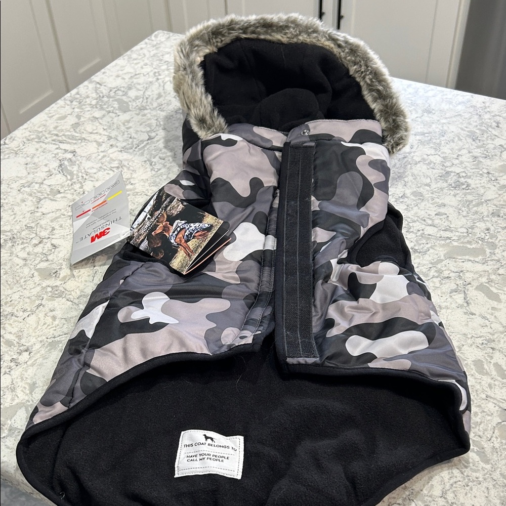 Hotel Doggy Camouflage Dog Jacket with Faux Fur Trim